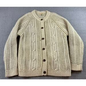 Vintage 60s Round Tower Cardigan OS Beige Ireland Wool Cable Knit Button Sweater